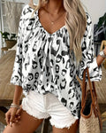Annika langærmet bluse med leopardprint og V-hals