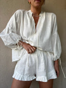 Sophie - Dame casual 2-delt sæt med V-hals top + shorts